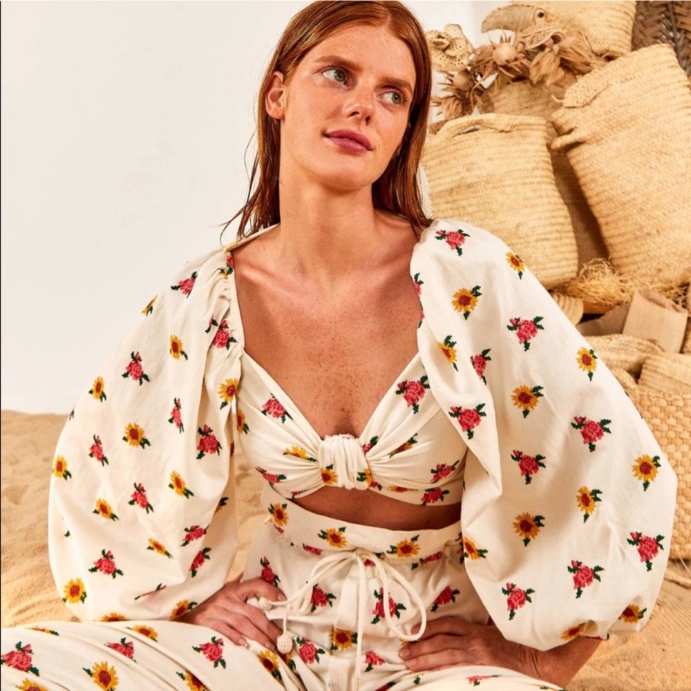 Farm Rio Mixed Cross Stitch Flowers Embroidered Crop Top